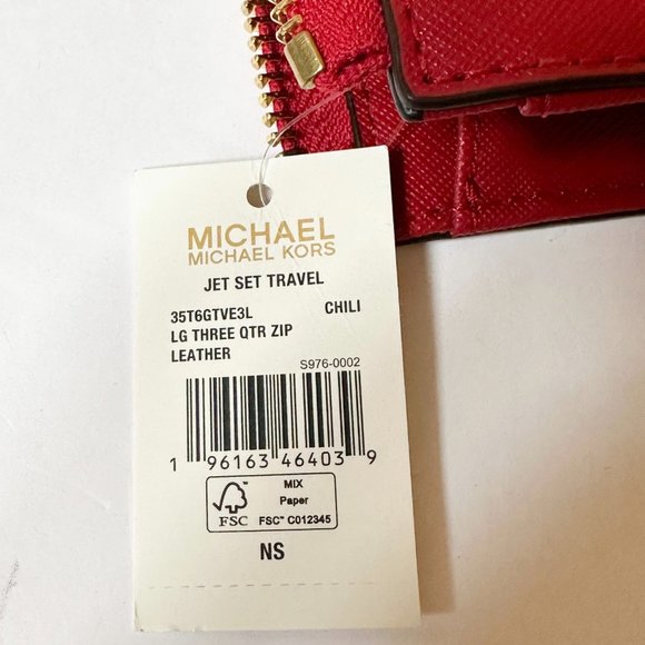 Michael Kors Jet Set Travel Large Three Quarter Zip Leather Wallet Red Chili - Picture 11 of 12